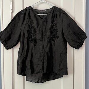 Minibee 100% linen black floral embroidered blouse size large lagenlook minimal